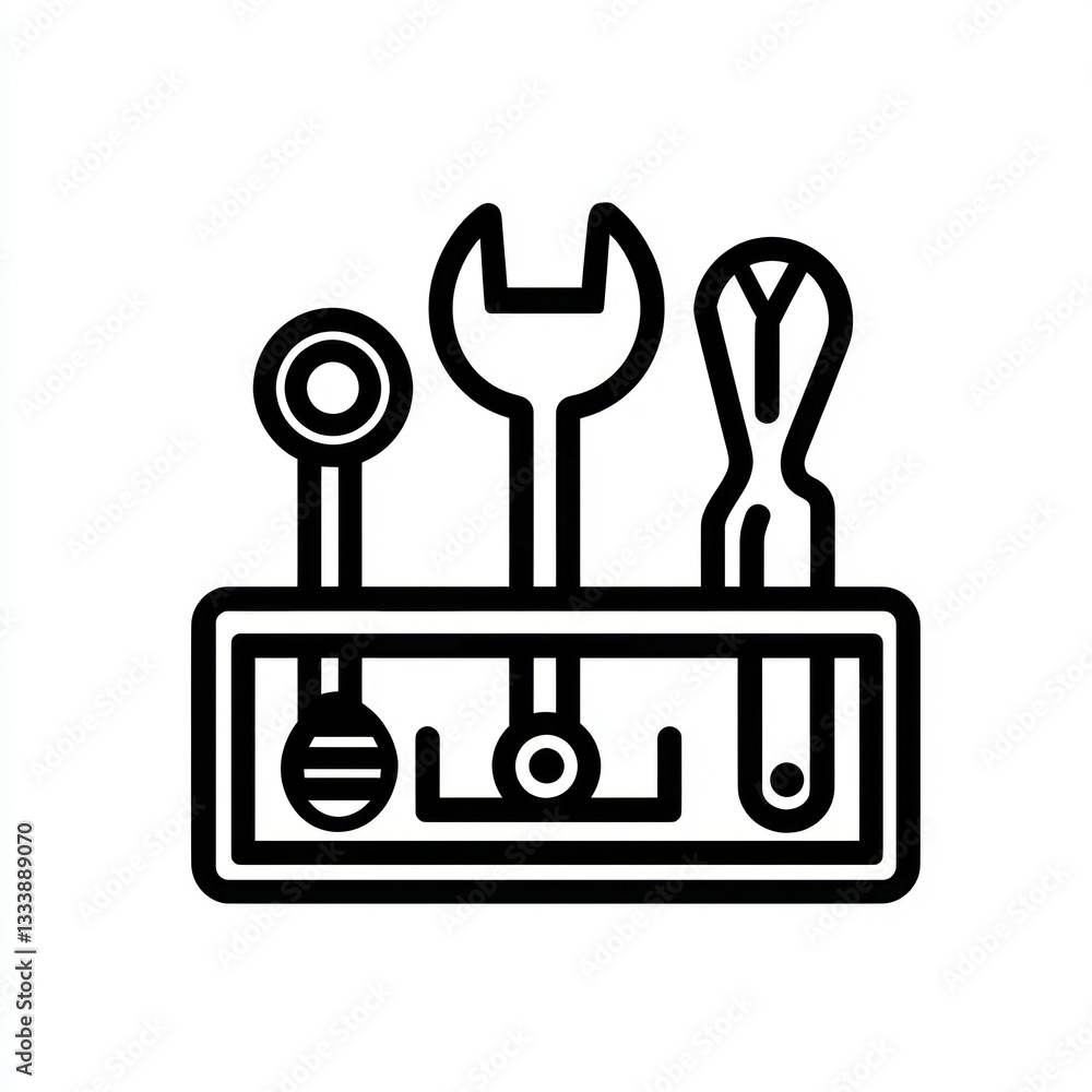 Poster toolbox black vector line icon, clean design depicting a collection of essential work tools on a whi