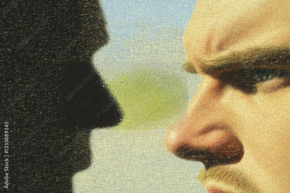 Poster man intensely stares at his shadow, creating dramatic and introspective scene. textured effect adds 