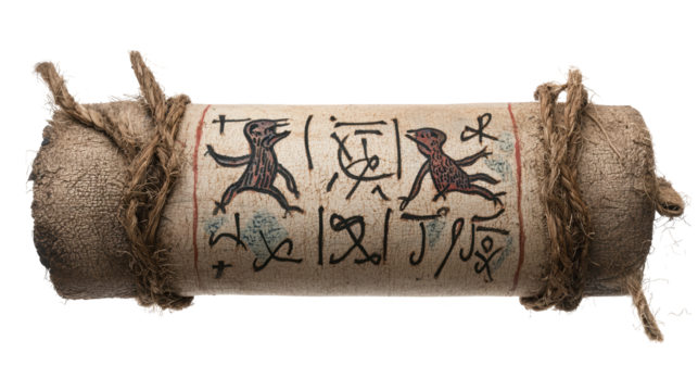 An ancient scroll featuring intricate drawings and symbols, showcasing historical artistry and cultural significance.