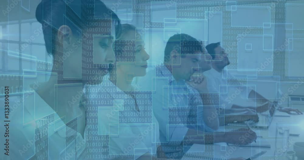 Poster diverse group working on computers with binary code overlay animation