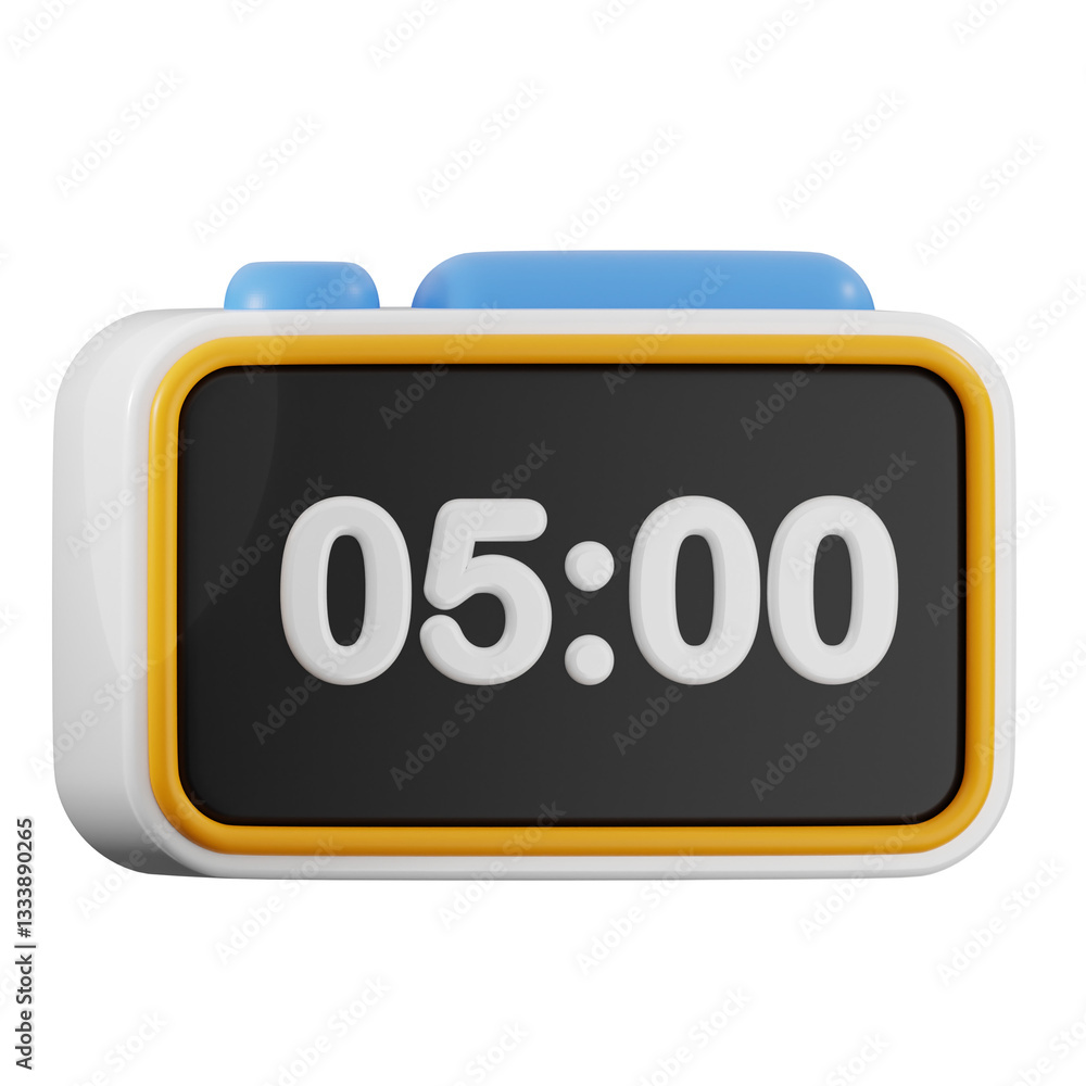 Poster white and yellow digital alarm clock showing 05:00 on transparent background