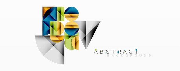 Modern abstract composition with layered circles and angular segments featuring gradients, transparency effects, and a structured geometric layout