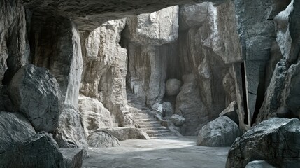 Fototapeta premium Serene Cave Interior with Rock Formations and Steps Leading Upward