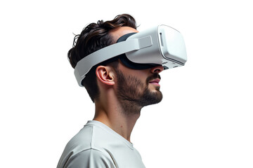 Man in VR headset isolated on transparent background. Immersive virtual reality experience for metaverse, gaming, future tech, digital innovation. Sleek, modern design.