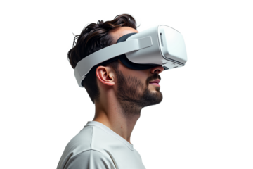 Man in VR headset isolated on transparent background. Immersive virtual reality experience for metaverse, gaming, future tech, digital innovation. Sleek, modern design.