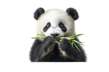 Naklejka premium An Adorable Baby Panda Enjoying A Delicious Bamboo Snack Against A Pristine Isolated on Transparent Background Showcasing Its Fluffy Fur And Captivating Eyes