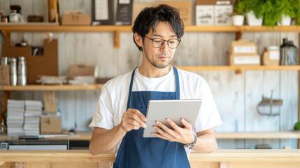 Enhancing Customer Experience in Retail and E-Commerce, Man in apron using tablet in cozy cafe