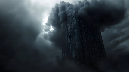 Fototapeta premium Dark ominous skyscraper shrouded in storm clouds with dramatic lighting and atmospheric effects