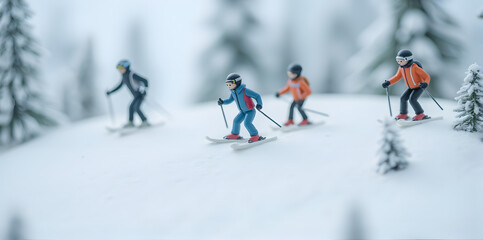 Miniature Skiers on Snowy Hill