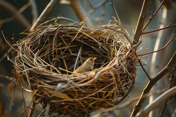 A Small Bird Carefully Constructs Its Nest Using Twigs and Grasses in a Tree, Building a Safe Haven for Its Future Offspring, High in the Branches, During the Spring Season.