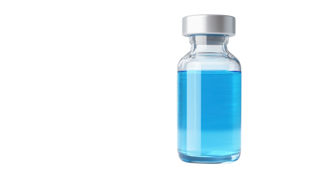 A clear glass vial containing bright blue liquid, capped with a silver lid, showcasing a laboratory or medical theme.