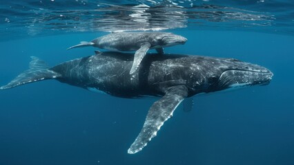 Close up of humpback whale calf swimming with its mother in the deep blue Pacific Ocean