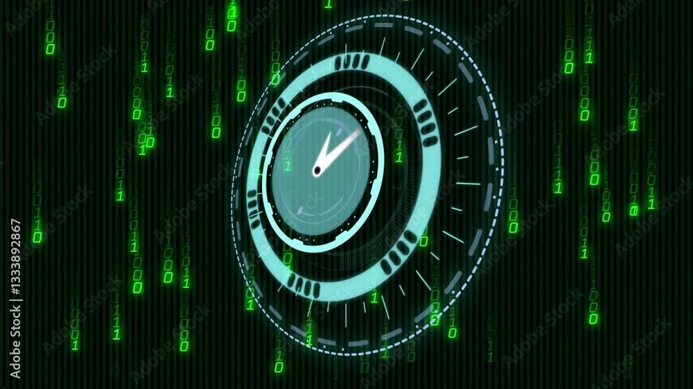 Poster digital clock animation over green binary code background, futuristic and dynamic