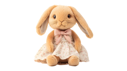 A stuffed rabbit in a pink dress with a bow