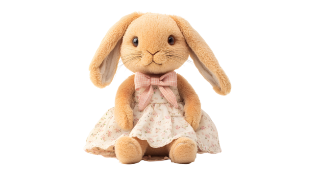 A stuffed rabbit in a pink dress with a bow