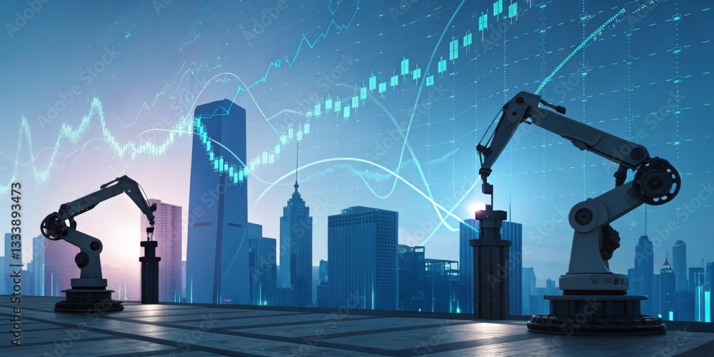 Aufkleber futuristic city skyline with robotic arms and data visualization.
