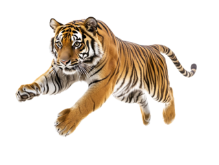 Majestic Tiger in Motion: A powerful tiger leaps forward, its orange and black stripes vividly displayed, capturing the essence of strength and agility.