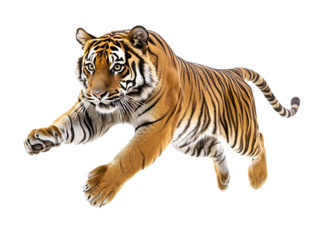 Majestic Tiger in Motion: A powerful tiger leaps forward, its orange and black stripes vividly displayed, capturing the essence of strength and agility.