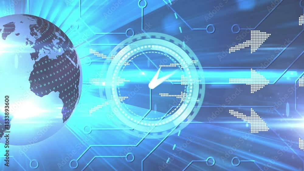 Poster Digital globe and circuit patterns with arrows and clock animation
