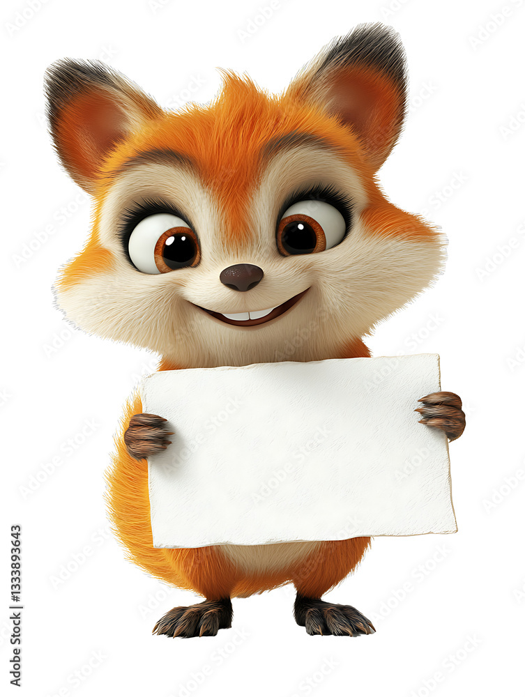 Poster animated fox with sign: a charming cartoon fox with a playful expression, holding a blank sign. perf