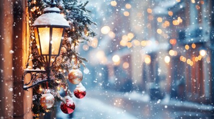 Festive Winter Lantern Decorated With Ornaments And Snow