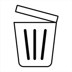 Minimalist black and white trash bin icon with open lid. Garbage can, bin waste bin, dustbin, dumpster icon vector illustration.
