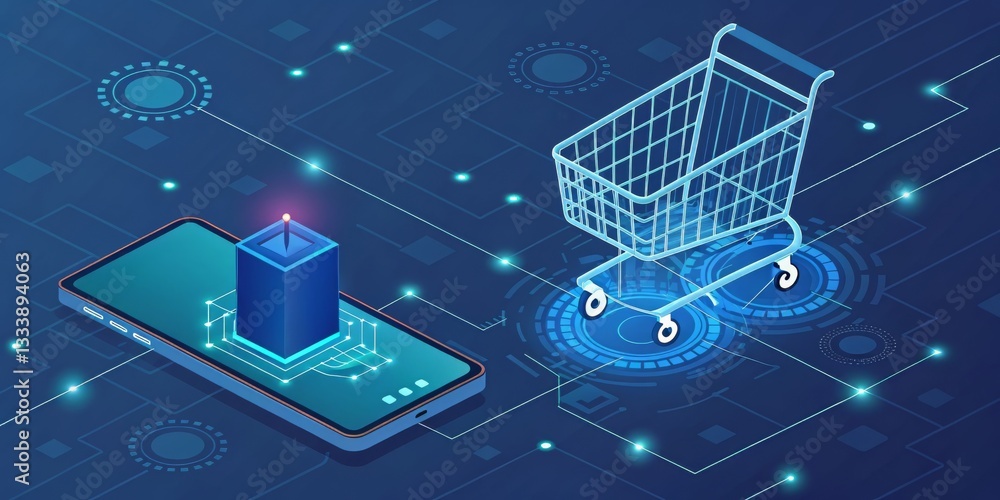 Poster digital shopping cart concept with a smartphone interface.