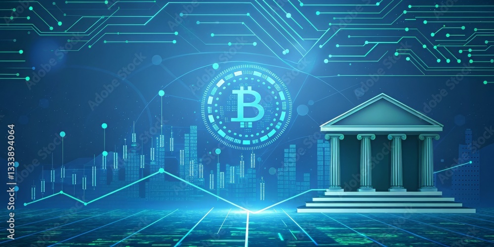 Poster digital depiction of cryptocurrency banking and blockchain technology.