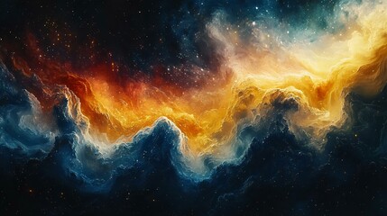 Fototapeta premium A stunning abstract cosmic scene with vibrant colors depicting a galaxy, featuring waves of orange, blue, and white against a starry background.