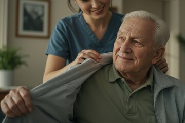 CLose up shot of a senior man sitting and looking ahead of him, smiling. There is a female carer helping him take off his jacket.