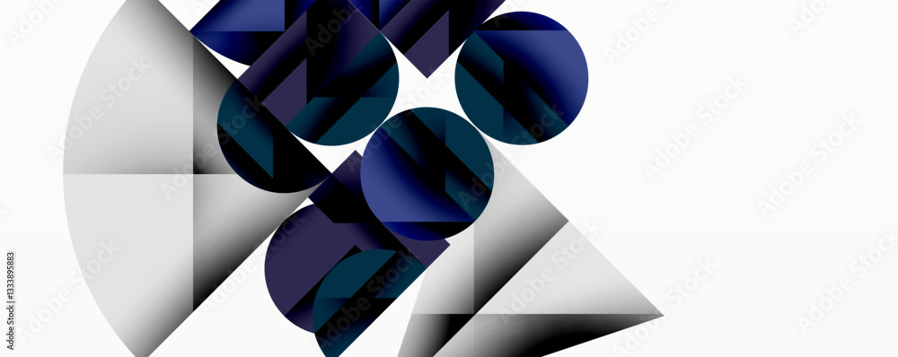 Poster Modern abstract composition with layered circles and angular segments featuring gradients, transparency effects, and a structured geometric layout