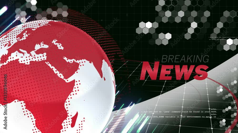 Poster animation of breaking news headline with red globe and digital data elements
