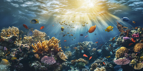 Obraz premium vibrant coral reef teeming with colorful fish under golden sunlight