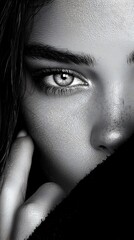 Dramatic black-and-white beauty shot of a brunette model with deep, wavy hair, intense lighting contrast, timeless elegance, artistic and cinematic portrait, rich texture and definition, editorial 
