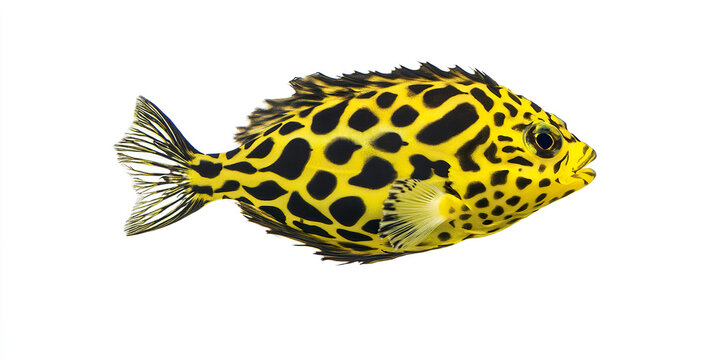 vibrant pineapplefish with yellow and black patterns on white background