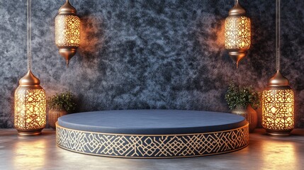 Elegant Ramadan display podium, lanterns, wall, mockup