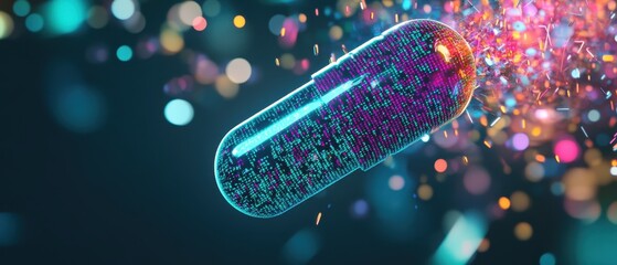 A colorful, glowing capsule surrounded by vibrant particles, representing innovation in medicine and technology.
