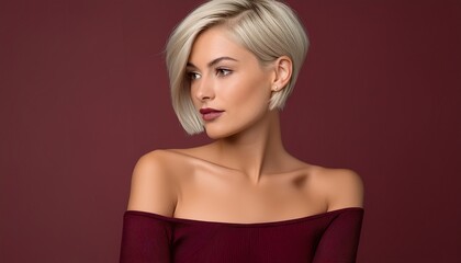 Fototapeta premium studio portrait of a blonde woman looking left with short hair wearing a low cut dark red bordeaux top on a bordeaux background, fashion photography