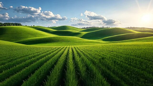 Serene Green Rolling Hills Landscape at Sunset