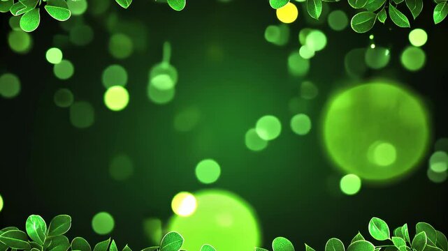 Vibrant Green Bokeh Background with Glowing Circles and Lush Leaves Creating Fresh, Lively, and Tranquil Atmosphere Evoking Nature and Renewal with Soft, Leafy Borders and Sense of Tranquility