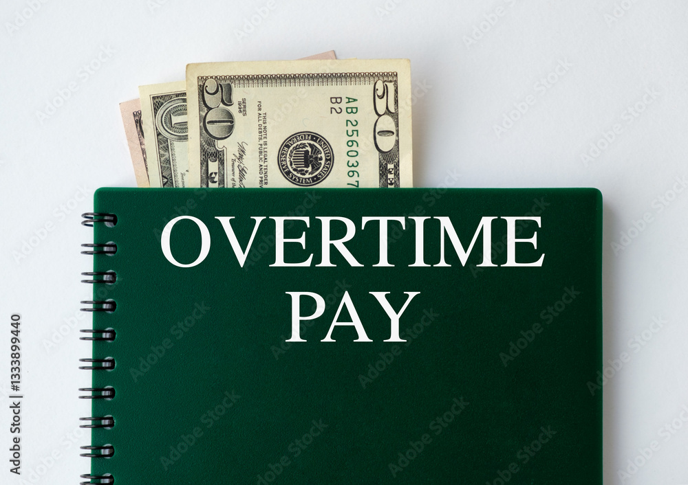 Poster a green spiral notebook with a stack of money in it and the words overtime pay written on it
