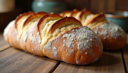 Rustic bread loaves in golden brown colors represent homemade food