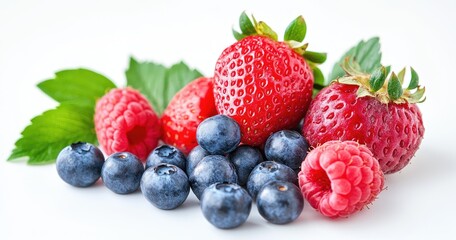 Fresh berries, red strawberries, blueberries, raspberries, vibrant display on white background