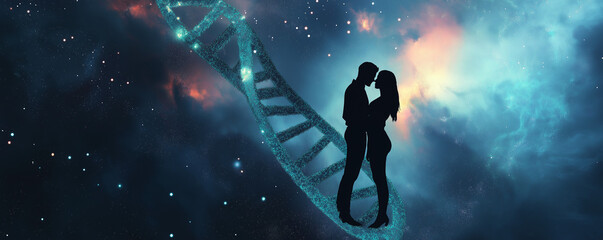 Glowing DNA Double Helix with Embracing Couple Silhouette in Space – Cinematic Light Blue & Indigo Galaxy-Themed Sci-Fi Artwork