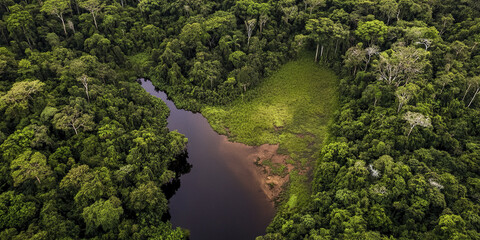 Aerial view of rainforest and small river with lush greenery