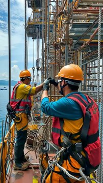 To assist the operations of other maintenance teams on the platform in Sae Offshore, the technicians are erecting scaffolding.
