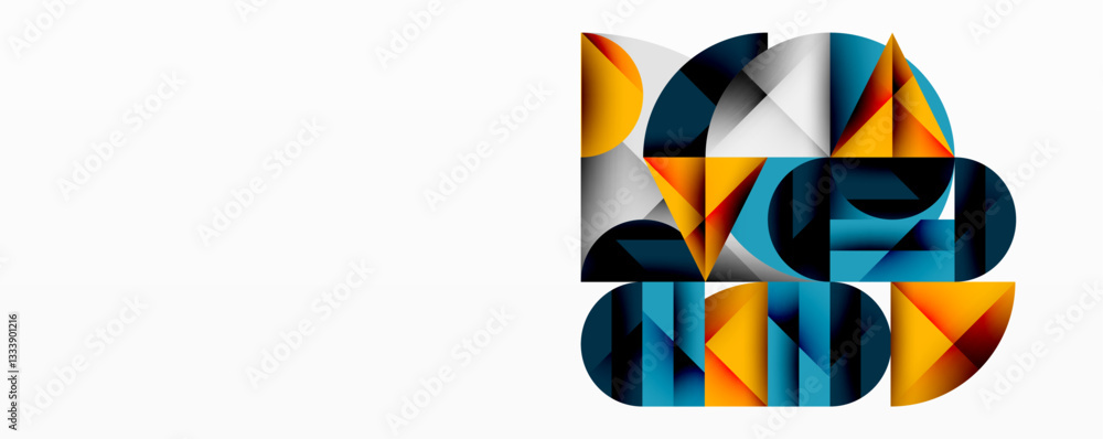 Poster Abstract geometric artwork with overlapping circles and gradients, circle square triangle shapes background featuring sharp angular cuts, smooth shading, and structured layered composition
