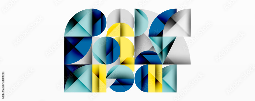 Poster modern abstract composition with layered circles and angular segments featuring gradients, transpare