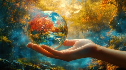 A hand, outstretched towards a vibrant, stylized nature landscape, conveying the message of environmental stewardship and the importance of protecting our planet.