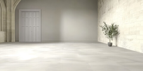 Fototapeta premium Empty minimalist interior with a potted plant and a closed door in a serene setting